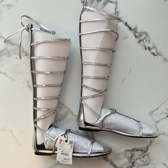 NEW Zara Tall Mid Calf Metallic Silver Gladiator Strappy Sandals 1615/010 - Picture 11 of 12